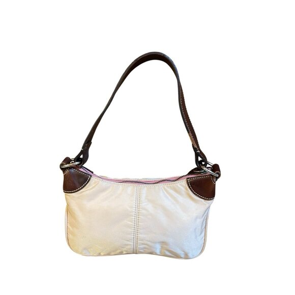 VTG Dooney & Bourke Wayfarer Baguette Shoulder Bag Ivory Nylon Brown Leather Y2K - Picture 2 of 14
